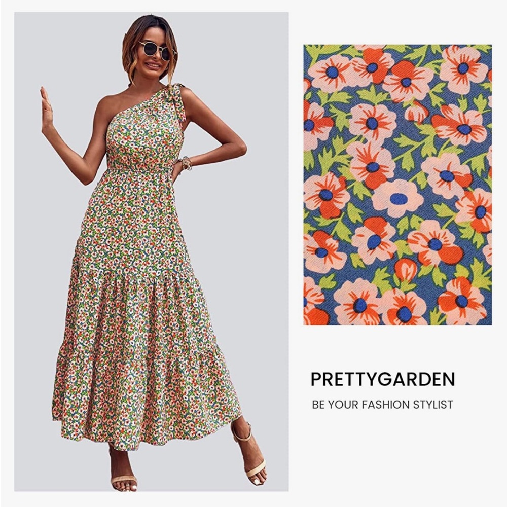 PRETTY GARDEN Women's Floral Dress Knot One Shoulder Maxi Dresses. Size Small.